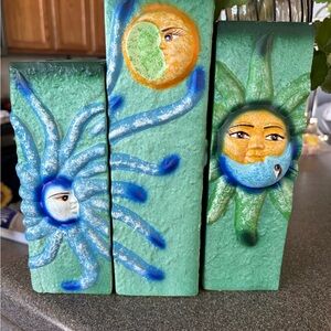 Hand-Painted Green Sun & Moon Sculpture Set - Decorative Home Art